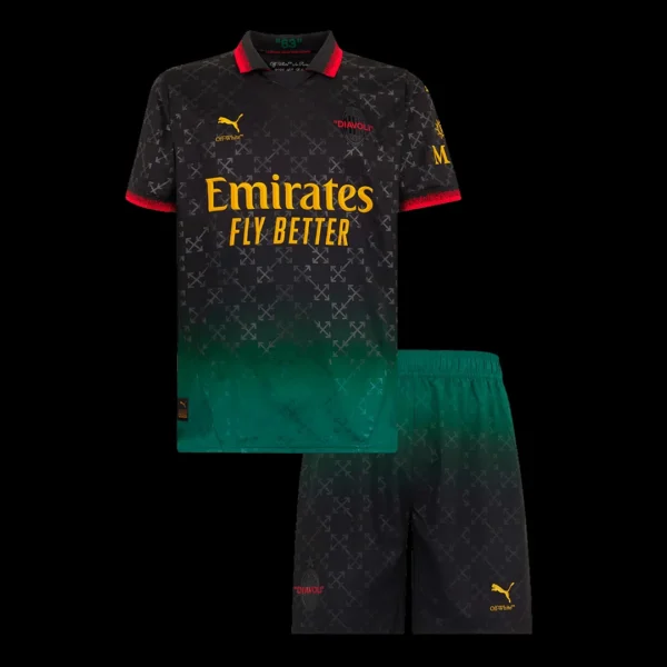 Kid’s AC Milan Fourth Away Soccer Kit – Jersey + Shorts – Fan Version – front view