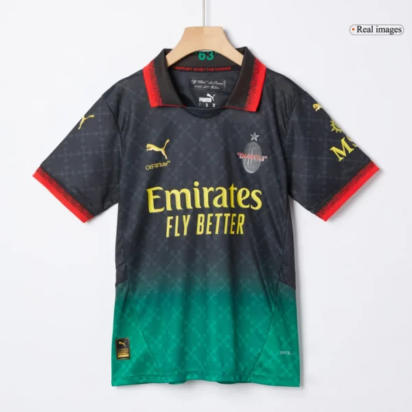 Kid’s AC Milan Fourth Away Soccer Kit – Jersey + Shorts – Fan Version – badge and fabric details