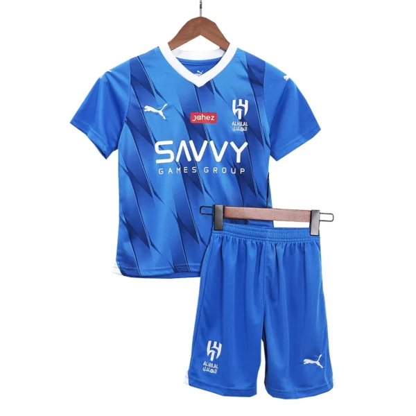 Kid’s Al Hilal SFC Home Soccer Kit – Jersey + Shorts 2023/24 – Fan Version – front view