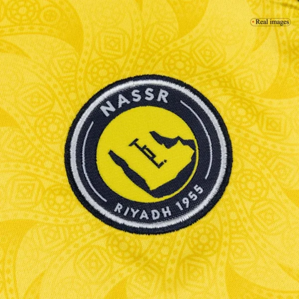 Kid’s Al Nassr Home Soccer Kit – Jersey + Shorts 2025/26 – Fan Version – badge and fabric details