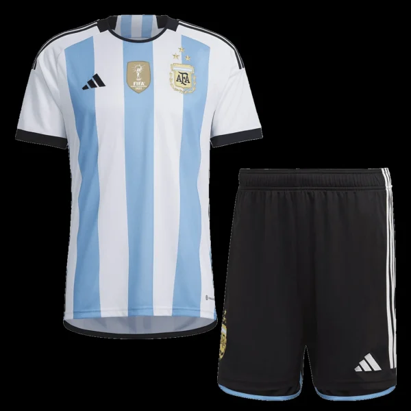 Kid’s Argentina 3 Stars Home Soccer Kit – Jersey + Shorts 2022 – Fan Version – front view