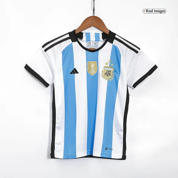 Kid’s Argentina 3 Stars Home Soccer Kit – Jersey + Shorts 2022 – Fan Version – jersey details