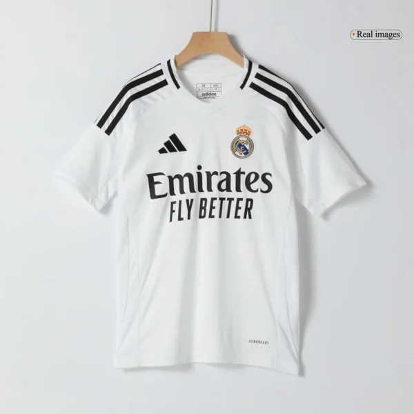 Kid’s BELLINGHAM #5 Real Madrid Home Soccer Kit – Jersey + Shorts – Fan Version – badge and fabric details