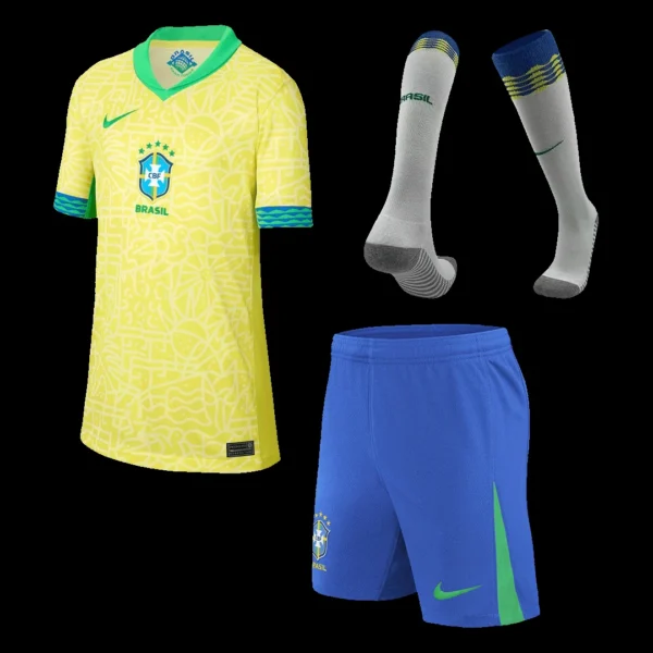 Kid’s Brazil Home Soccer Jersey Kit(Jersey+Shorts+Socks) Copa America – Fan Version – front view
