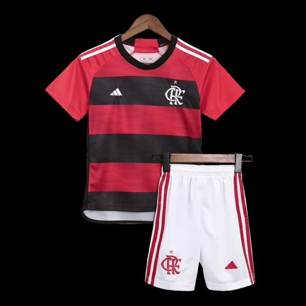 Kid’s CR Flamengo Home Soccer Kit – Jersey + Shorts 2023/24 – Fan Version – front view