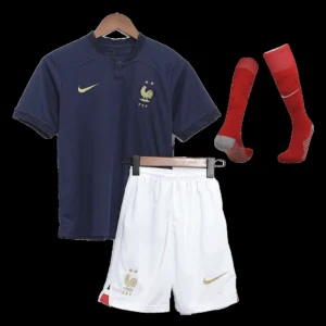 Kid’s France Home Soccer Jersey Kit(Jersey+Shorts+Socks) 2022 – Fan Version – front view