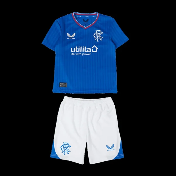 Kid’s Glasgow Rangers Home Soccer Kit – Jersey + Shorts 2023/24 – Fan Version – front view