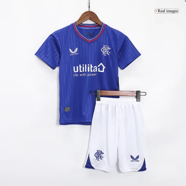 Kid’s Glasgow Rangers Home Soccer Kit – Jersey + Shorts 2023/24 – Fan Version – back view