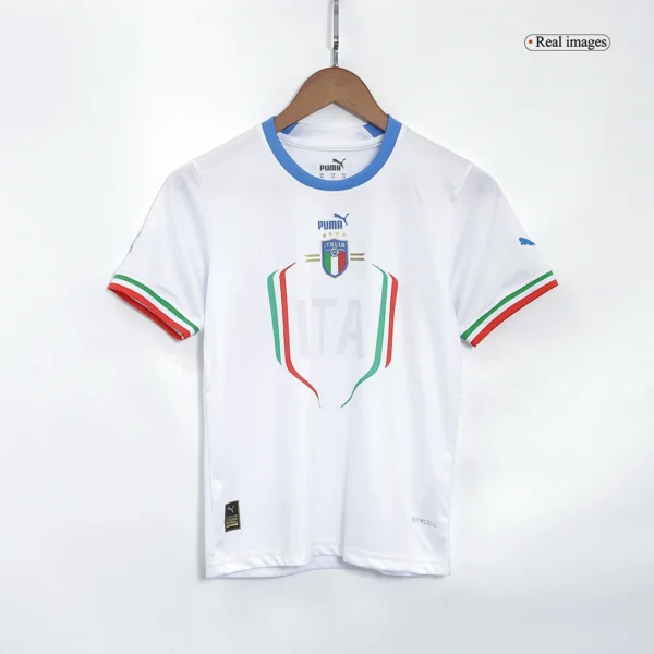 Kid’s Italy Away Soccer Kit – Jersey + Shorts 2022 – Fan Version – badge and fabric details