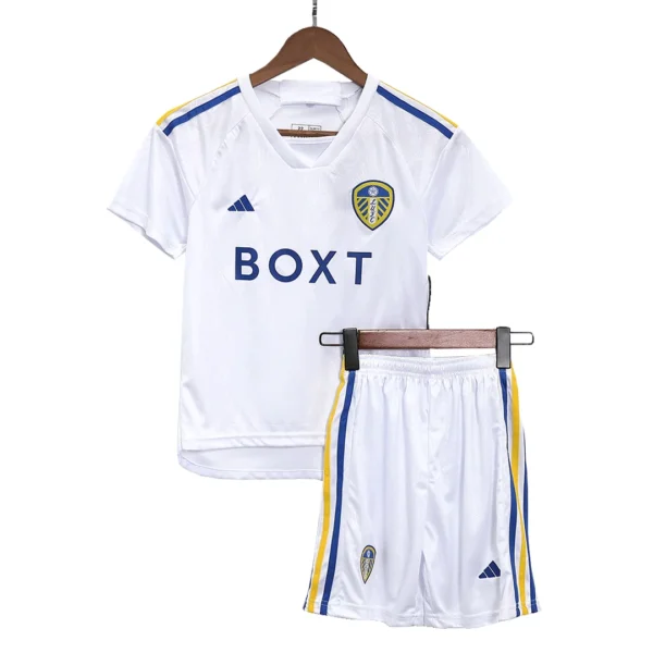 Kid’s Leeds United Home Soccer Kit – Jersey + Shorts 2023/24 – Fan Version – front view