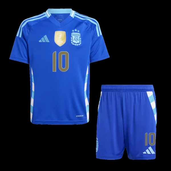 Kid’s Lionel Messi #10 Argentina Away Soccer Kit – Jersey + Shorts – Fan Version – front view