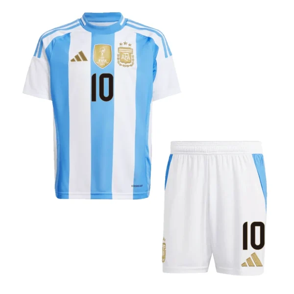 Kid’s Lionel Messi #10 Argentina Home Soccer Kit – Jersey + Shorts – Fan Version – front view