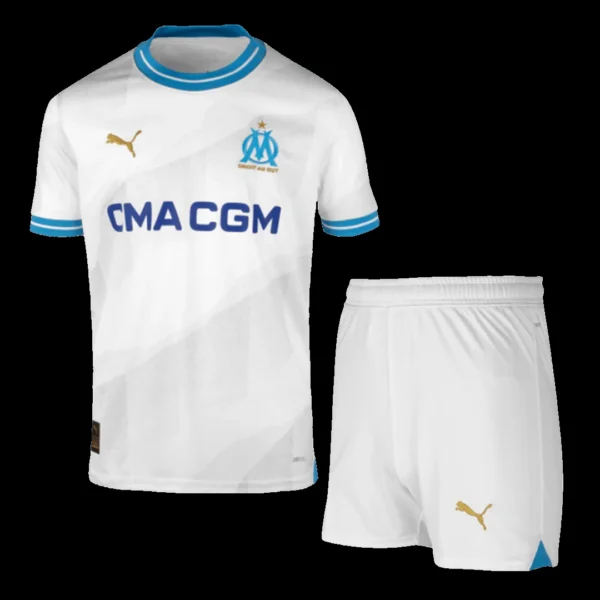 Kid’s Marseille Home Soccer Kit – Jersey + Shorts 2023/24 – Fan Version – front view