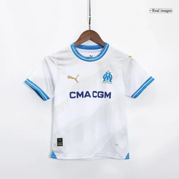 Kid’s Marseille Home Soccer Kit – Jersey + Shorts 2023/24 – Fan Version – badge and fabric details
