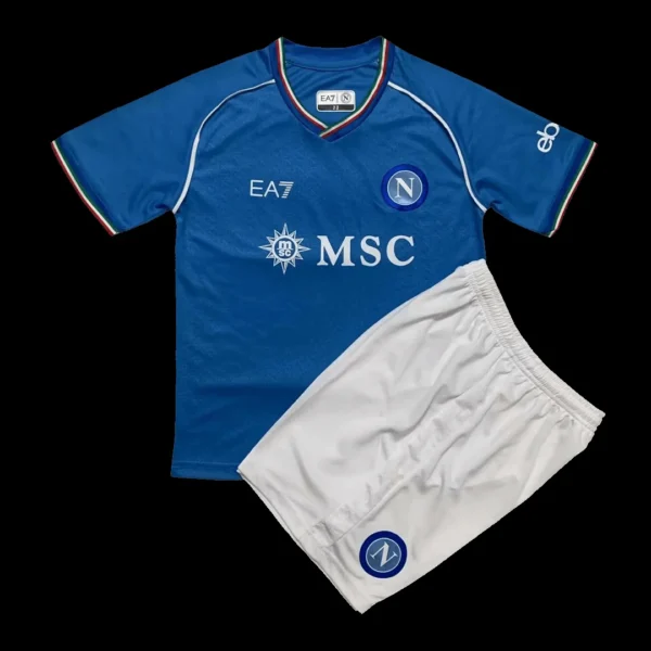 Kid’s Napoli Home Soccer Kit – Jersey + Shorts 2023/24 – Fan Version – front view
