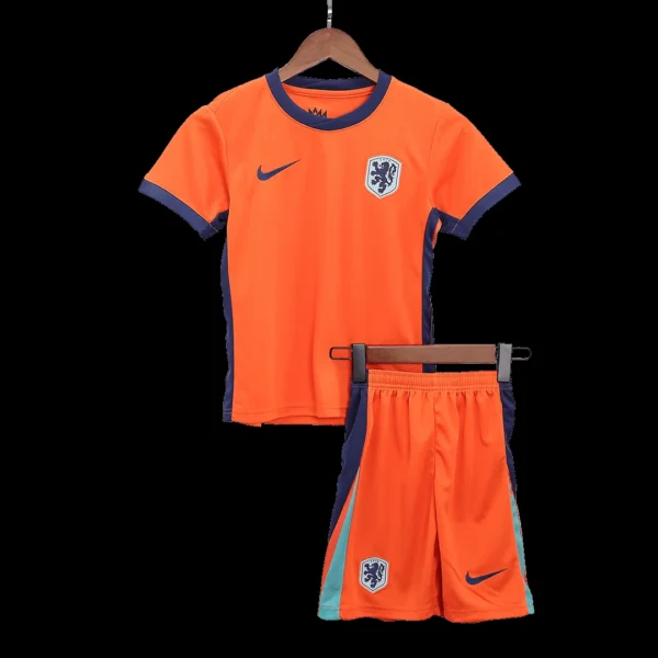 Kid’s Netherlands Home Soccer Kit – Jersey + Shorts Euro – Fan Version – front view