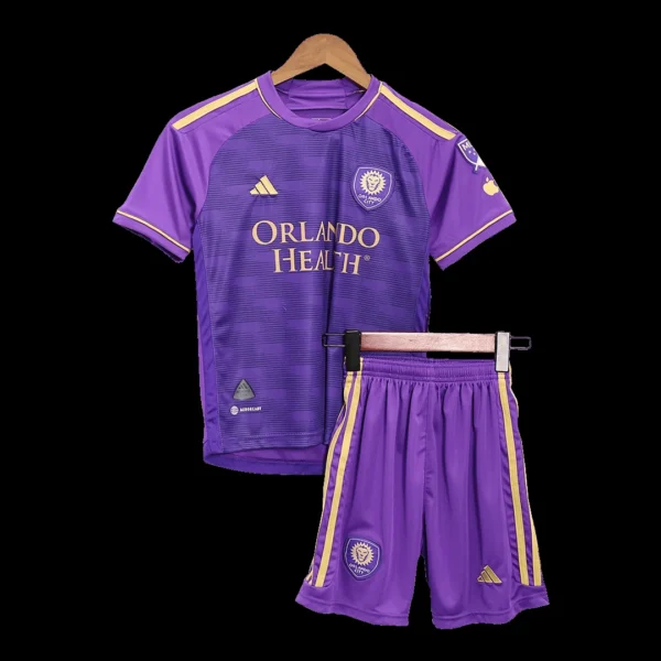 Kid’s Orlando City Home Soccer Kit – Jersey + Shorts 2023 – Fan Version – front view