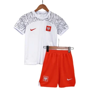Kid’s Poland Home Soccer Kit – Jersey + Shorts 2022 – Fan Version – front view