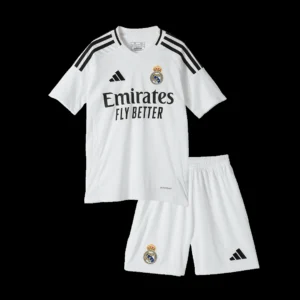Kid’s Real Madrid Home Soccer Kit – Jersey + Shorts – Fan Version – front view