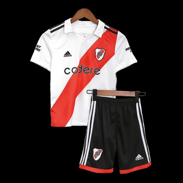 Kid’s River Plate Home Soccer Kit – Jersey + Shorts 2022/23 – Fan Version – front view