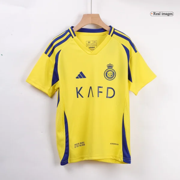 Kid’s RONALDO #7 Al Nassr Home Soccer Jersey Kit(Jersey+Shorts+Socks) – ACL – Fan Version – badge and fabric deta