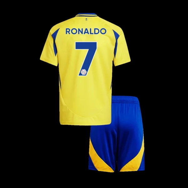 kid-s-ronaldo-7-al-nassr-home-soccer-kit-jersey-shorts-fan-version-01 Kid’s RONALDO #7 Al Nassr Home Soccer Kit β Jersey + Shorts β Fan Version β front view