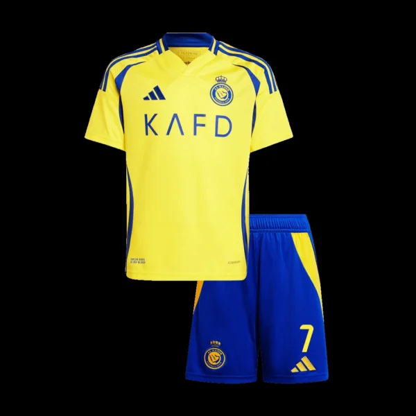 kid-s-ronaldo-7-al-nassr-home-soccer-kit-jersey-shorts-fan-version-02 Kid’s RONALDO #7 Al Nassr Home Soccer Kit β Jersey + Shorts β Fan Version β back view