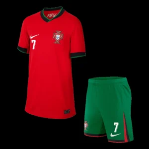Kid’s RONALDO #7 Portugal Home Soccer Kit – Jersey + Shorts Euro – Fan Version – front view
