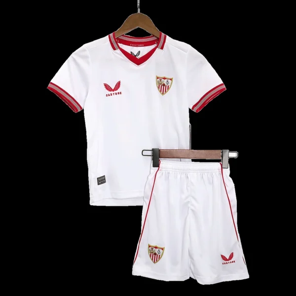 Kid’s Sevilla Home Soccer Kit – Jersey + Shorts 2023/24 – Fan Version – front view