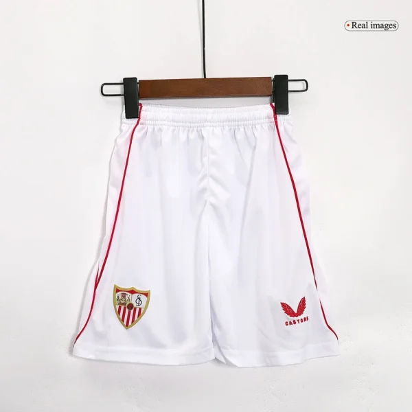 Kid’s Sevilla Home Soccer Kit – Jersey + Shorts 2023/24 – Fan Version – badge and fabric details