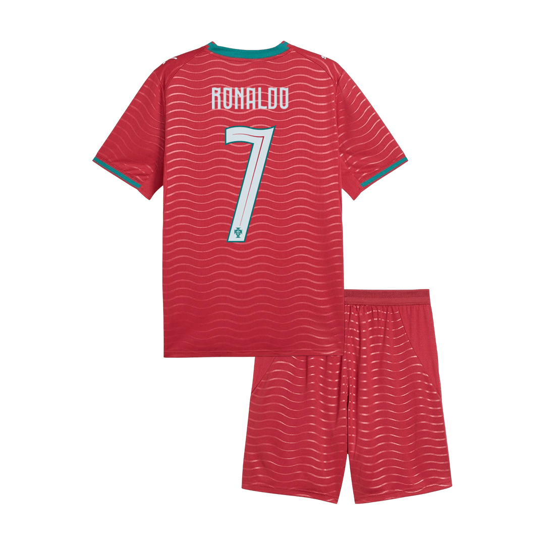 Kid's RONALDO #7 Portugal Home Soccer Kit โ Jersey + Shorts 2026 โ Fan Version โ ๅๅๅพ 1 Kid’s RONALDO #7 Portugal Home Soccer Kit โ Jersey + Shorts 2026 โ Fan Version โ front view