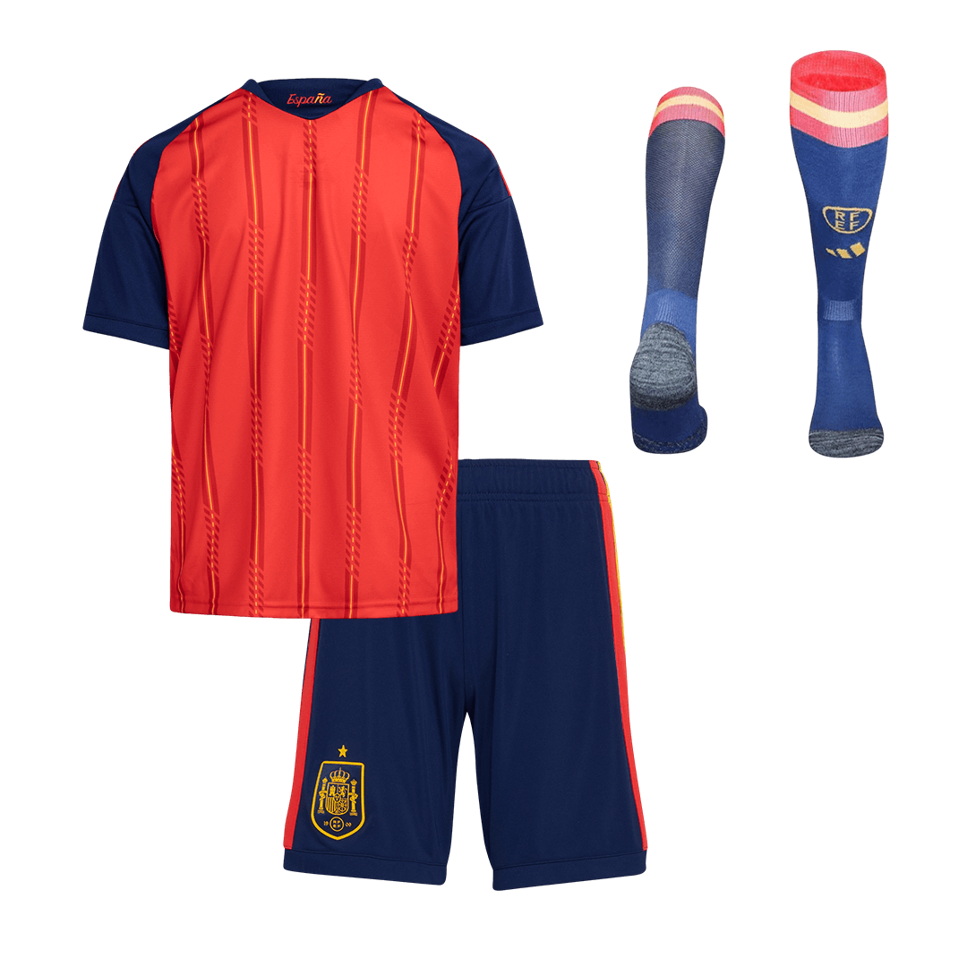 Kid's Spain Home Soccer Jersey Kit(Jersey+Shorts+Socks) 2026 – Fan Version — 商品图 2 Kid’s Spain Home Soccer Jersey Kit(Jersey+Shorts+Socks) 2026 – Fan Version – back view