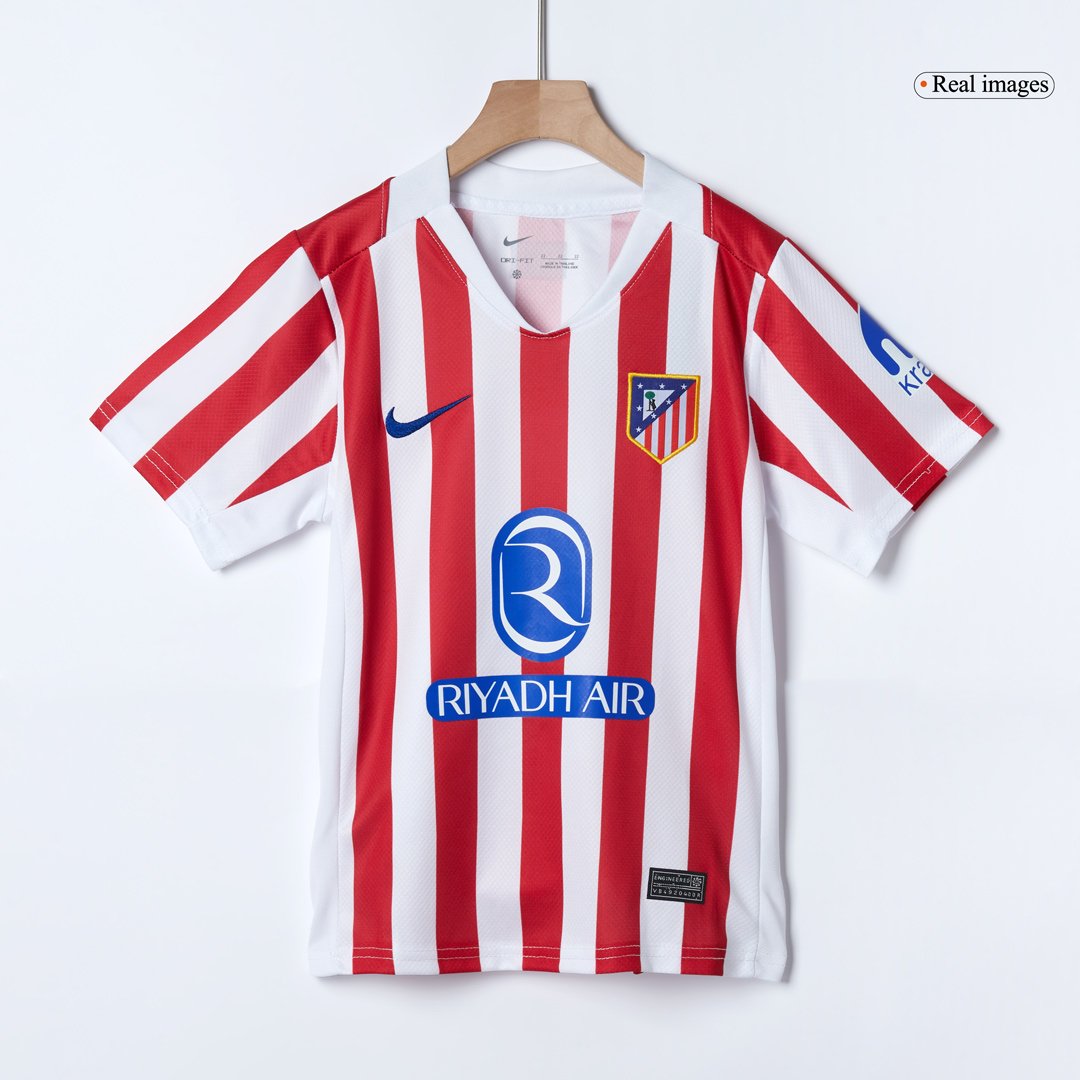 Kid’s Atletico Madrid Home Soccer Kit – Jersey + Shorts 2025/26 – Fan Version – badge and fabric details