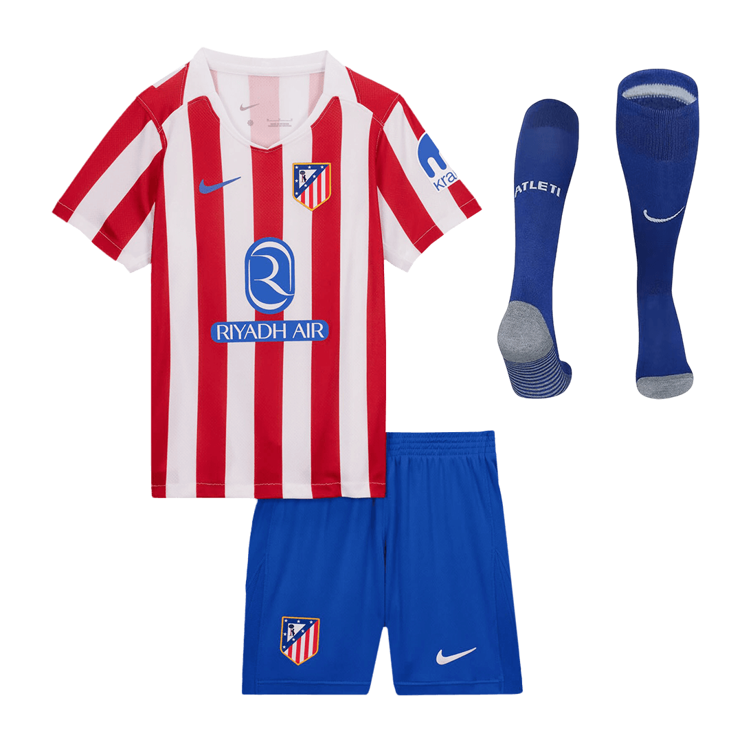 Kid’s Atletico Madrid Home Soccer Jersey Kit(Jersey+Shorts+Socks) 2025/26 – Fan Version – front view