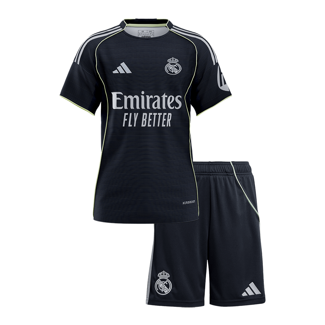 Kid’s Real Madrid Away Soccer Kit – Jersey + Shorts 2025/26 – Fan Version – front view