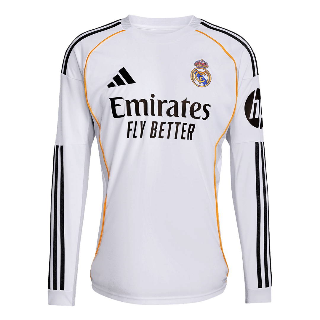 Real Madrid Home Long Sleeve Soccer Jersey 2025/26 – Fan Version – front view